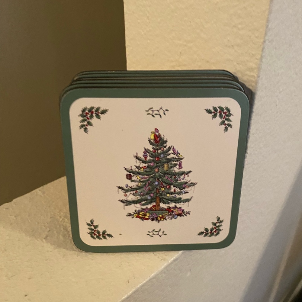 Pimpernel Holiday Christmas Tree Coasters - Green.Cork Back.Excellent Condition